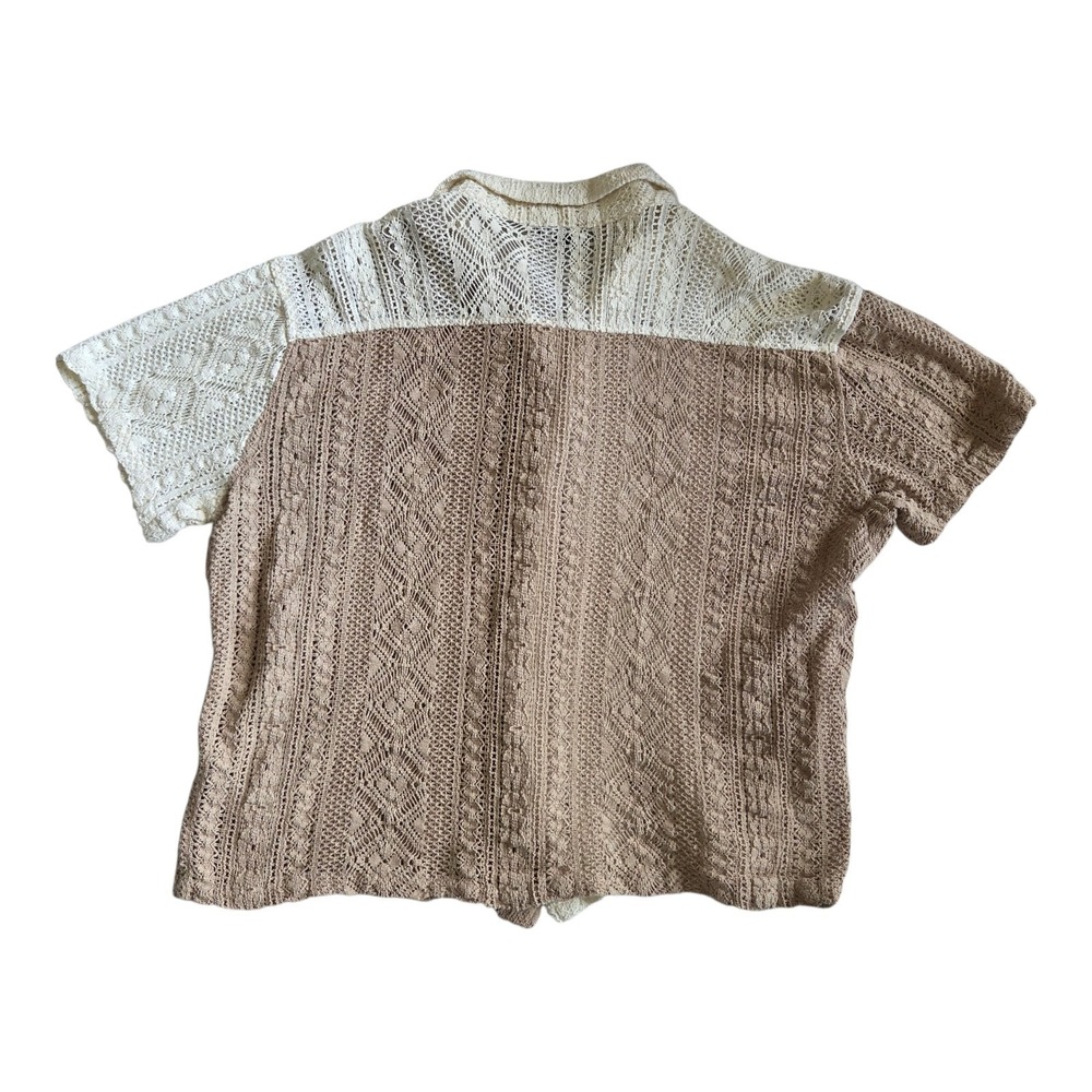 Mens Size Large Crochet Knit Cotton Shirt Colorblock Tan Cream Button Up Boho - Picture 2 of 7